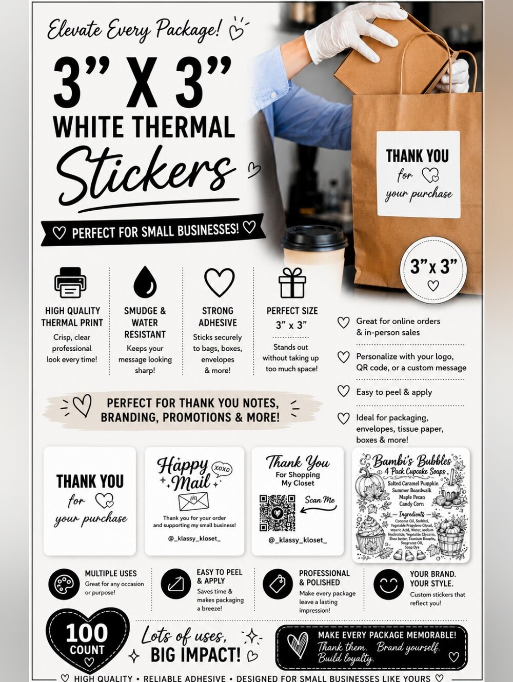 BUY NOW! Custom 100 Thermal Labels White 3x3